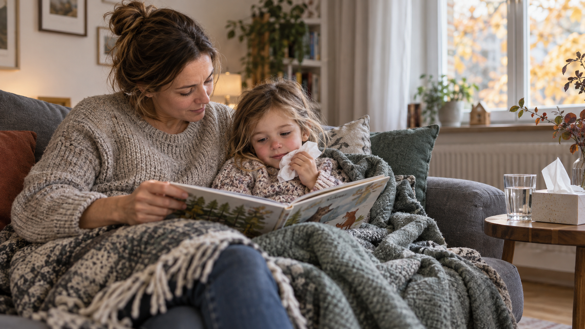 Hausmittel bei Erkältung bei Kindern: Eine Mutter liest ihrem verschnupften Kind auf dem Sofa vor; daneben stehen Wasser und Taschentücher.